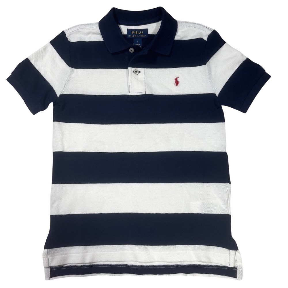 Polo Ralph Lauren Boys Navy Blue White Preppy Striped Short Sleeve Shirt Size 6